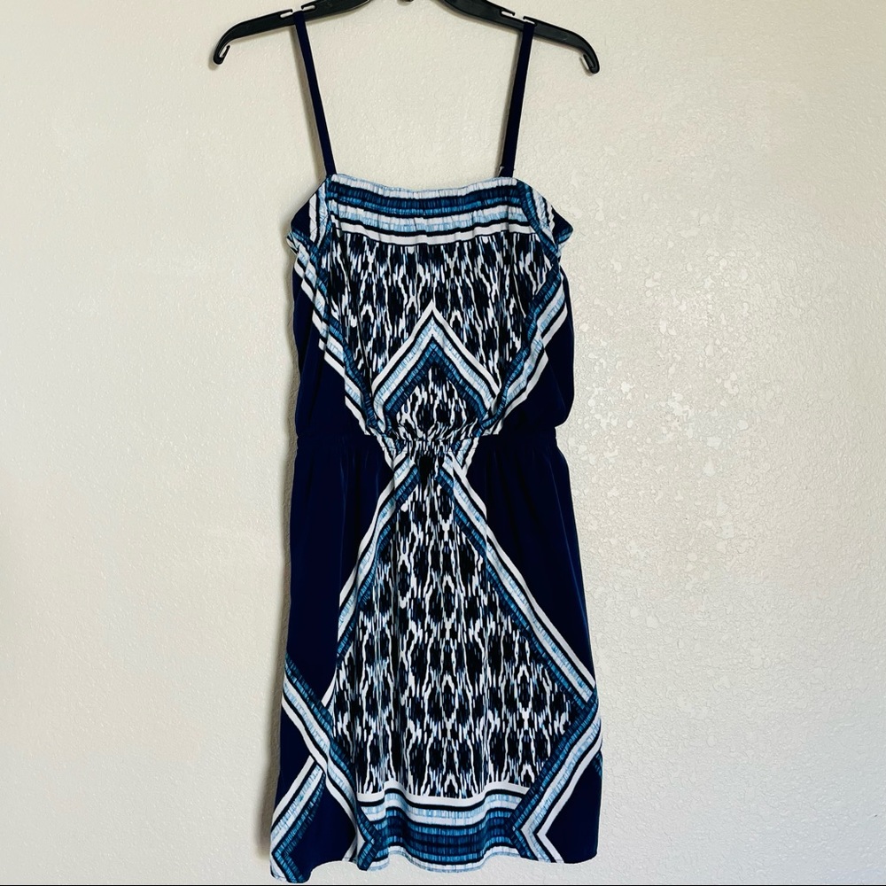 Express Strapless Blue & White Geometric Printed Mini Dress - Size S